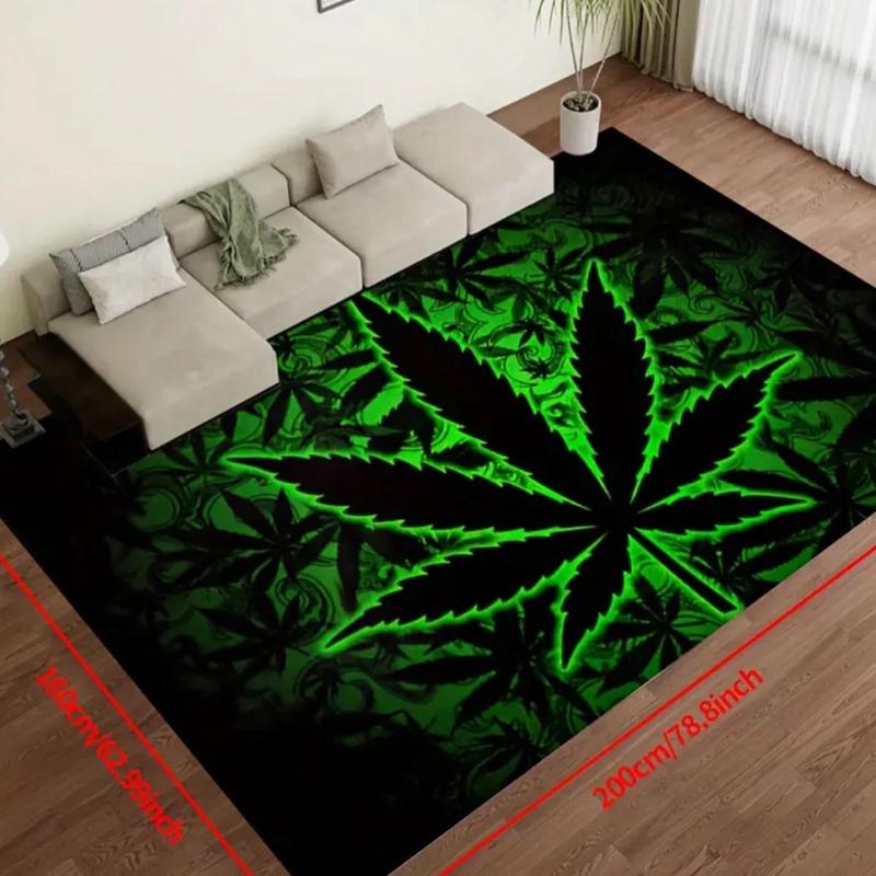 Fluorescent Marijuana Leaves Black Felt Rug - Indoor/Outdoor Use - 15x23/19x31/31x47/39x59/47x63/63x78inches - Machine Washable - 1000g/m²
