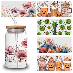 5 Sheets Pumpkin Drinks UV  Stickers Decoration Items Plastic Waterproof  Transfer Decor Unicorn Glass  Transfer Stickers aesthetic cute vintage bundle DTF Wrap creative craft practical joke gift girl kid teen adult diy ultra breathable mouth tape family