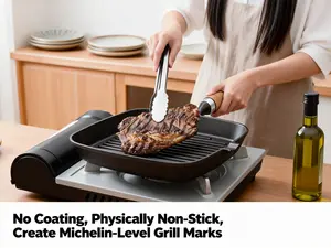"No Coating Cast Iron Grill Pan | Get Michelin-Level Grill Marks At Home ""Fitness Girl’s Must-Have! Pour Spout Design For Fat-Reducing Meals "All Stove Compatible Cast Iron Pan | Non-Stick & Easy To Clean