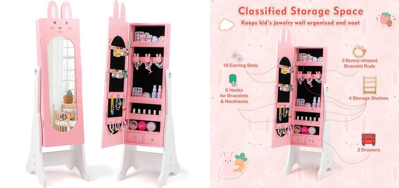 [Costway]-  Kids Jewelry Armoire Cabinet, Wooden Standing Jewelry Organizer with Full-length Mirror and Storage Drawers, gifts birthday,Christmas Festival Gift Black Friday Cyber Monday