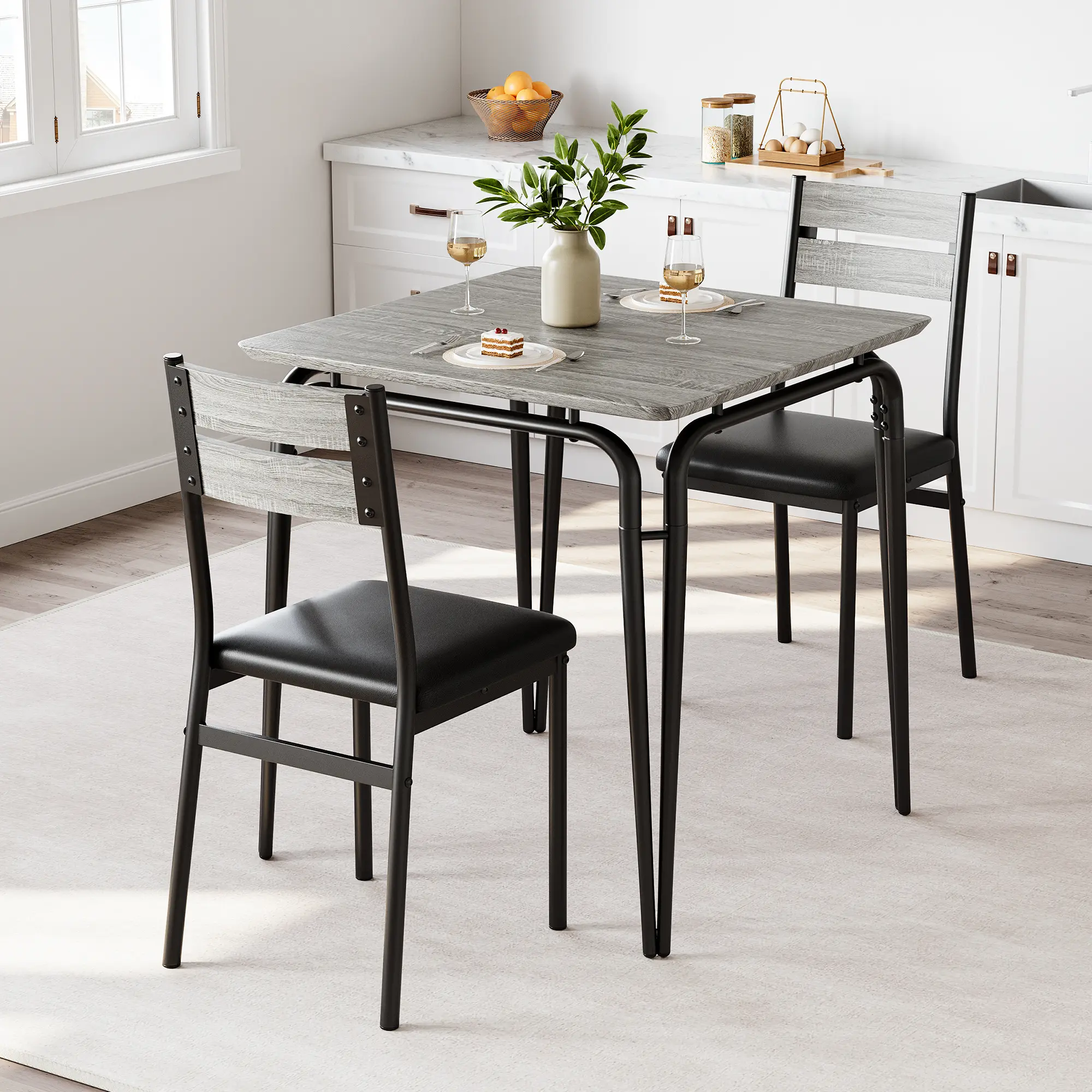 2-Person Breakfast Nook Set: 30" Square Table + 2 Chairs, Solid Wood for Small Spaces - Kitchen, Apartment, Cafe Bistro