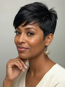 pixie layered wig black color pixie cut short straight Soft Human Hair wig machine made pixie wig daily party use human hair wig for women stylish gift wig Glueless human wigs