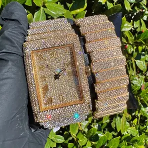 Heavy Iced Out Gold Plated Luxury Statement Watch & Moissanite Diamond Bracelet Men Gift Birthday