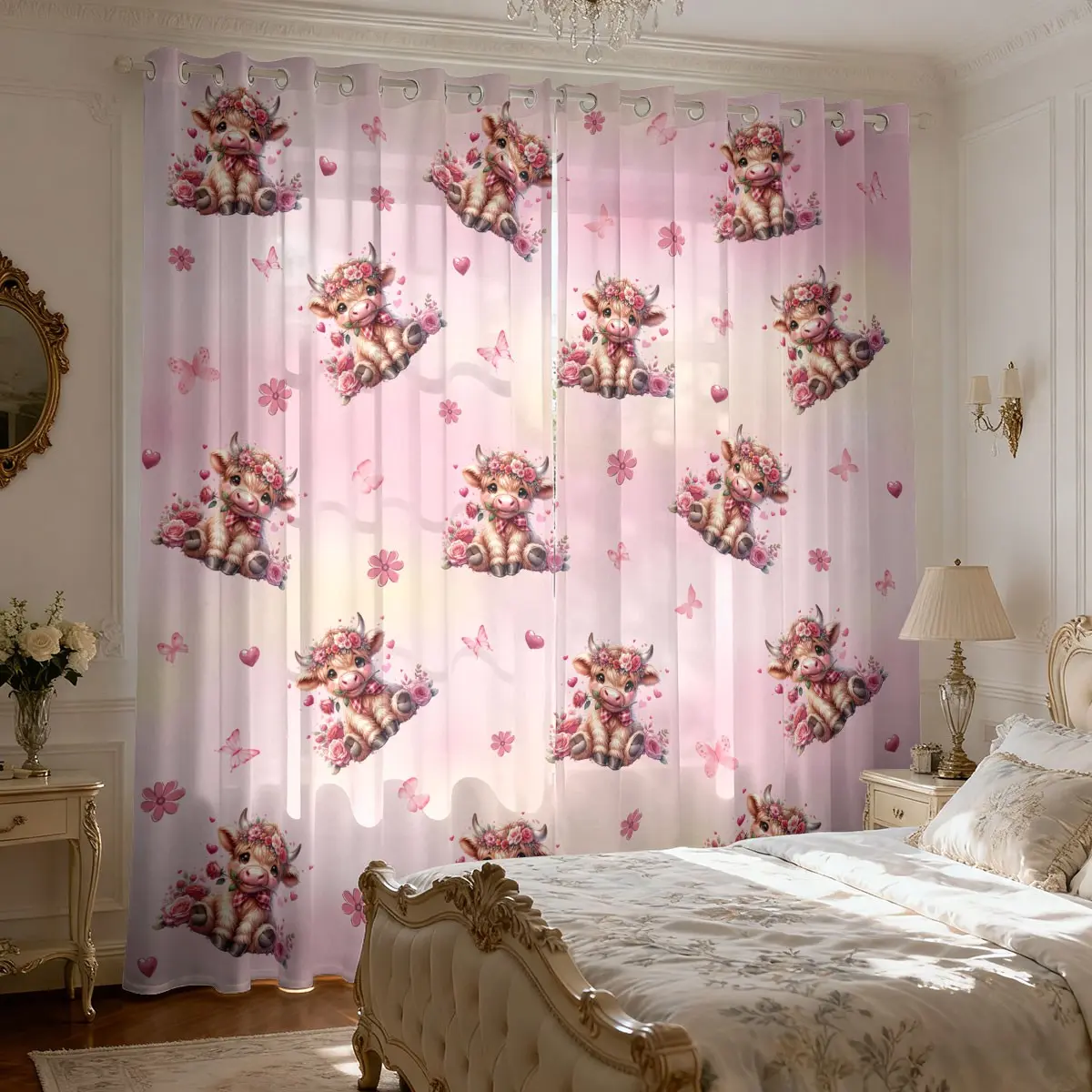 Romantic Spring Floral Pink Highland Cow Printed Sheer Window Privacy Grommet Curtains, Semi-Transparent Light Filtering Drapes, Perfect for Youth Bedrooms & Living Spaces, 2 Panels with Privacy Protection, Home Decoration Curtain