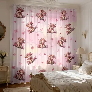 Romantic Spring Floral Pink Highland Cow Printed Sheer Window Privacy Grommet Curtains, Semi-Transparent Light Filtering Drapes, Perfect for Youth Bedrooms & Living Spaces, 2 Panels with Privacy Protection