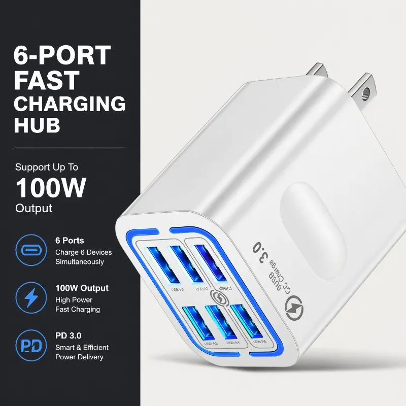100W Multi-Port Charging Block - 6-USB Fast Electronic Charger for Mobile Devices, US Plug Multi-Charge Adapter for iPhone, Samsung, Travelers