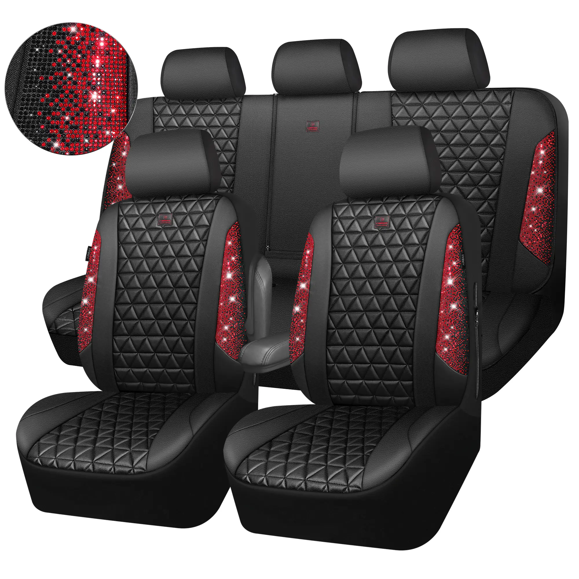 Red Rhinestone Leather Car Seat Covers-Full Set 