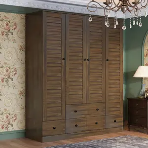 FUFU&GAGA Large Wardrobe Armoire with Multi-Tier Shelves, 5 Drawers, Hanging Rod & 4 Louver Doors, Wooden Closet Storage Cabinet for Bedroom (59"W x 19"D x 70.5"H) Furniture Organization