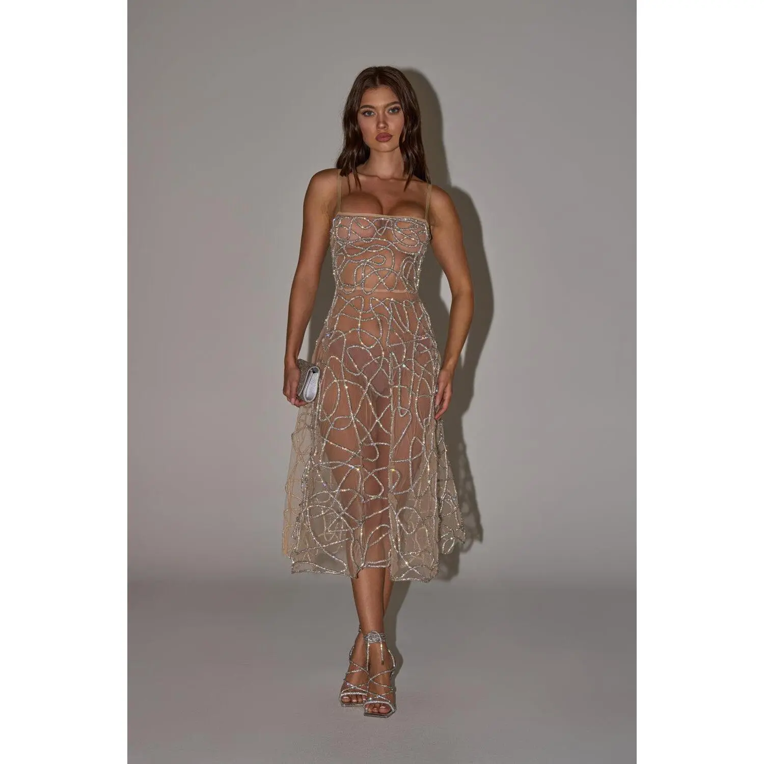 RIGHT THIS WAY RHINESTONE MIDI DRESS IN NUDE - TikTok Shop