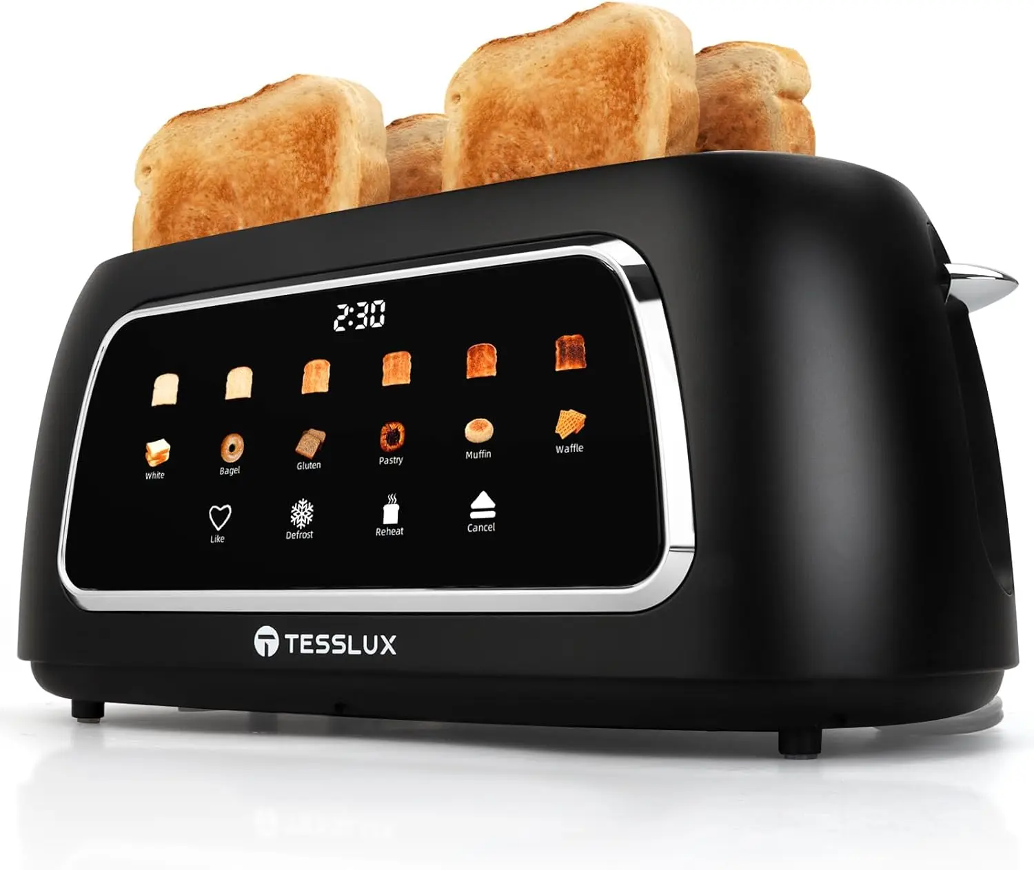 Tesslux 4-Slice Touch Screen Toaster with 4-Slice Capacity, 1.5" Extra-Wide Long Slots for Bagels & Sourdough, Defrost/Reheat Functions, Black
