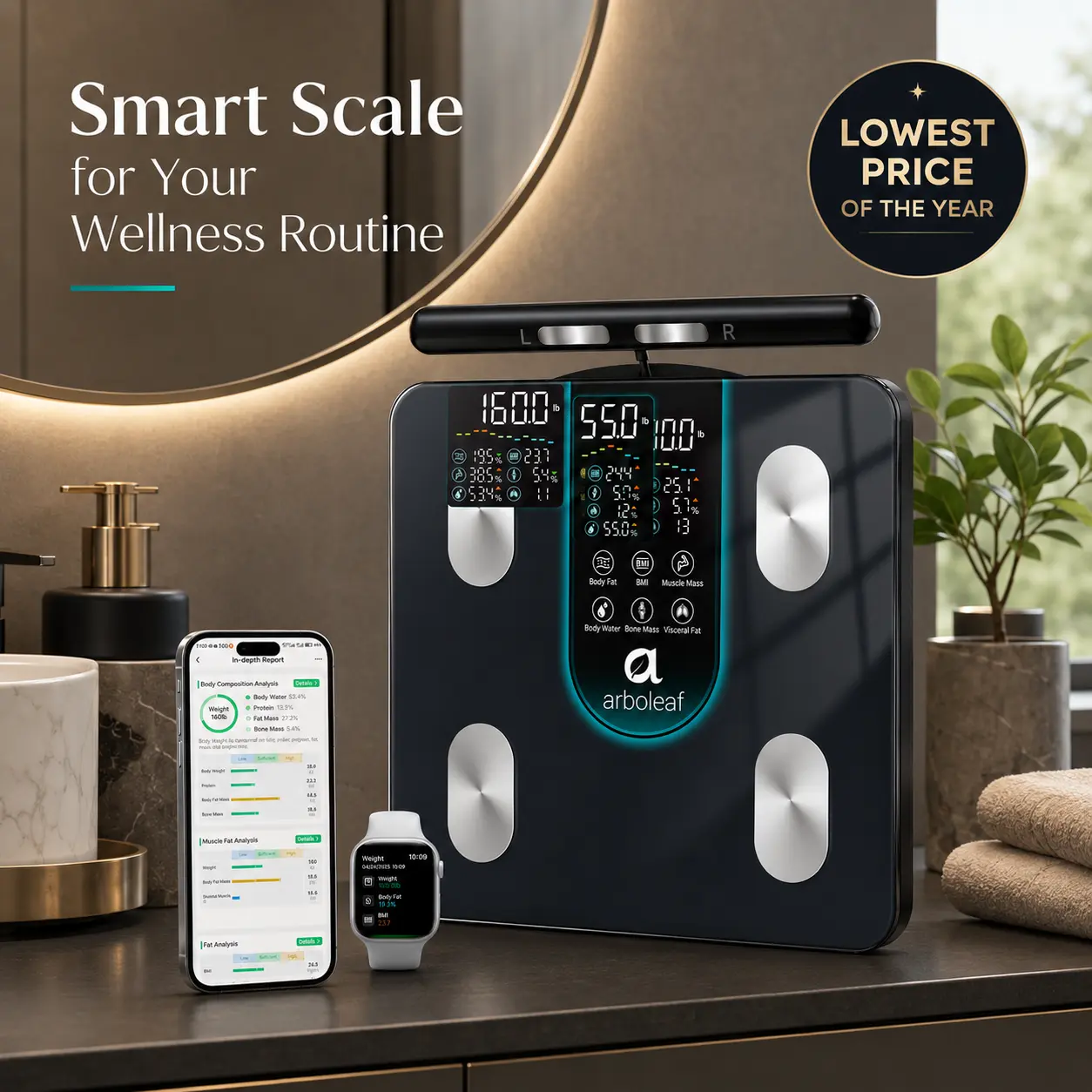 arboleaf 8-Electrode Dual-Frequency BIA Bathroom Scale, Smart Scale with 7-in-1 Display for BMI Body Fat Muscle Mass, Segmental Full Body Composition Analyzer, 50+ Metrics in App