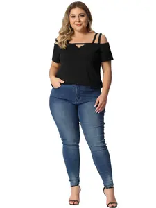 Agnes Orinda Plus Size Cold Shoulder Tops for Women Summer Sexy Cut Out Top Short Sleeve Criss Cross Casual Shirts