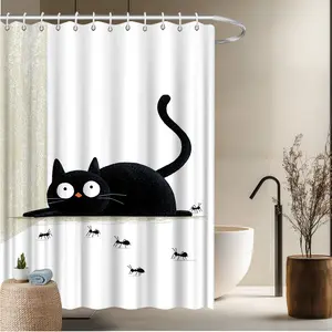 1pcs Animal Theme Bath Curtain-2D Flat Black Cat And Ant Print Home Window Curtains Bathroom Decor Bathtub Decor 70.8x70.8 inches