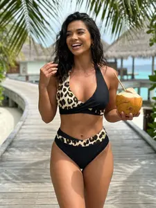 Leopard Contrast Splicing High Waisted Bikini Set Tummy Control Halter Neck Swimsuit with Back Ties No Pad