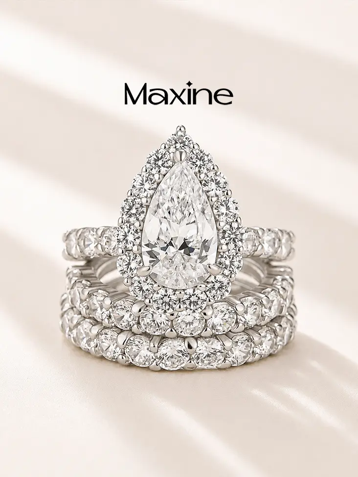 Maxine 2.5Ct Halo Pear Cut 3PC Engagement Ring Set - 5A Cubic Zirconia Bridal Wedding Jewelry, Luxury Style Ring Set