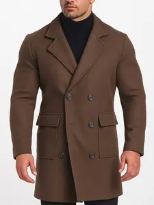 Men's Solid Color Pocket Decorated Double Button Windbreaker, Casual Business Style Woven Fabric Jacket for Fall & Winter