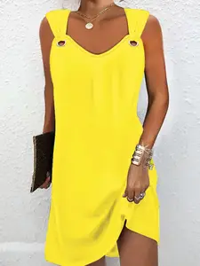 Loose Solid Black Mini Dress, Sleeveless, Eyelet Strap Detail, Casual Summer Outfits, Non-Fitted Silhouette, Side Pockets