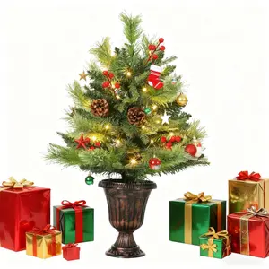 2 ft Mini Tabletop Christmas Tree with 40 LED Warm Lights, Pine Cones & Red Berries, Artificial Small Christmas Tree for Home Office Holiday Indoor Outdoor Decor
