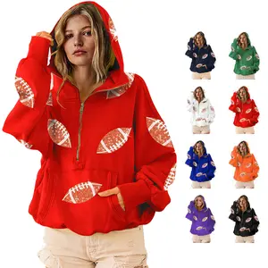 Buenoble Women's Football Sequin Hoodie Game Day Zip Pullover with Football Print Sweatshirts Sweaters