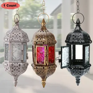 1 Count Hanging Moroccan Style Decorative Candle Holder Lantern with 15.7 Inch Chain for Indoor, Outdoor, Home, Patio, Porch, Weddings, Christmas Decor (Brown/White/Black)