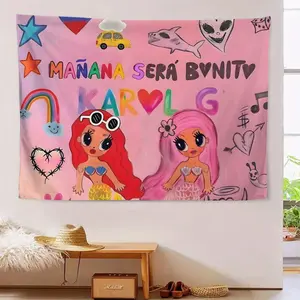 Manana Sera Bonito Karol G Nature-Inspired Tapestry - Vibrant Pink Polyester Wall Hanging with Whimsical Cartoon Characters, Rainbow, and Floral Accents for Balcony or Sunroom Decor, Balcony Decoration |  Polyester Tapestry, Balcony Decorations