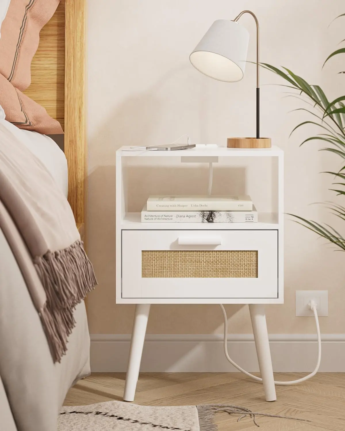 Bedside table with charging station, coffee table, rattan bedside table, side table with handmade rattan decorative drawers, wooden decorative table with bedroom storage, white