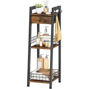 3-Tier Narrow Ladder Shelf with Drawer, Bathroom Table Stand for Small Space, Narrow Bathroom Standing Shelves with Storage for Living Room Bedroom Kitchen, Organizer Shelf, Rustic Brown
