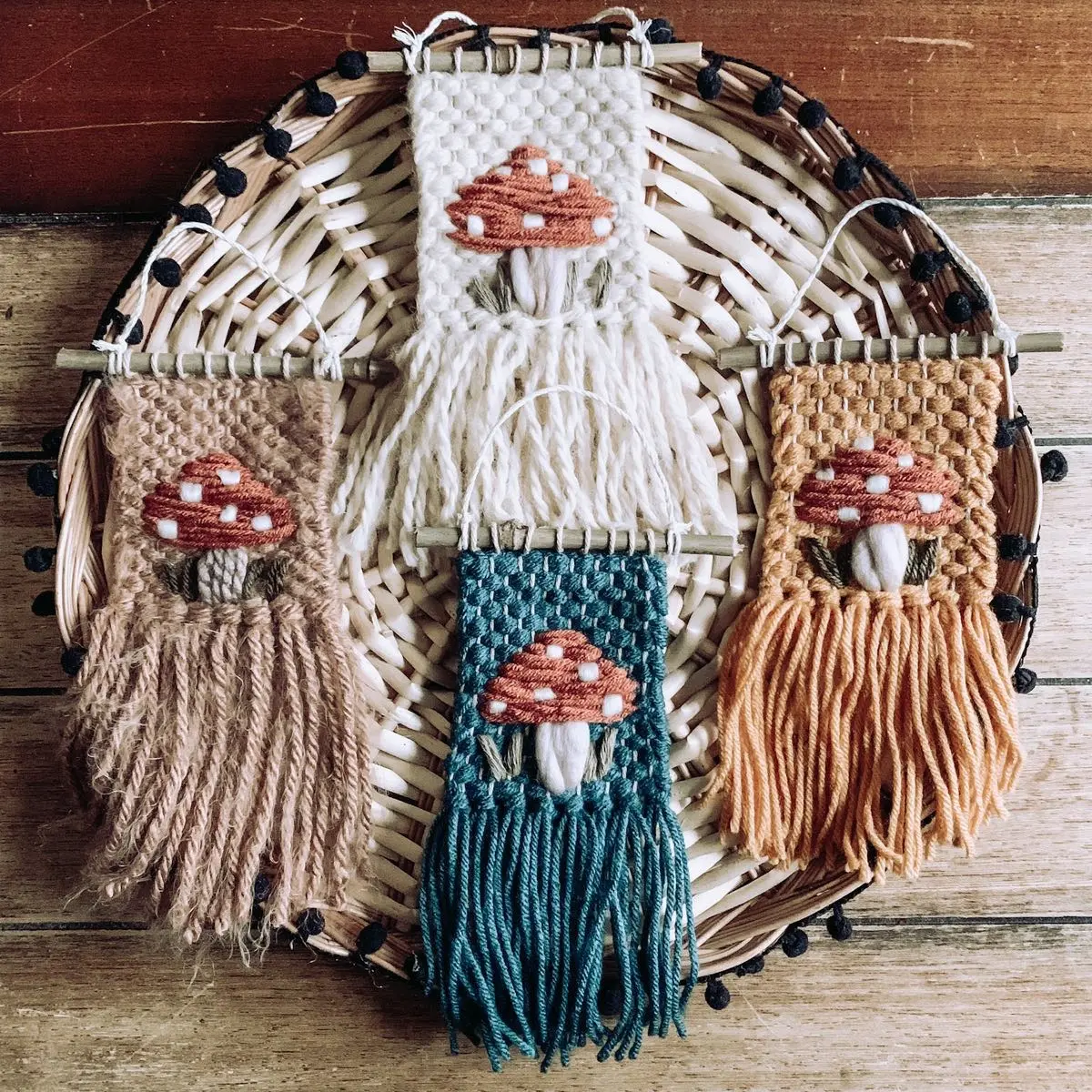 Mini Mushroom Wall Hanging Decor - Handmade Fiber Art - Boho Cottagecore Hippie Style - Home Design - Living Room Bedroom Nursery