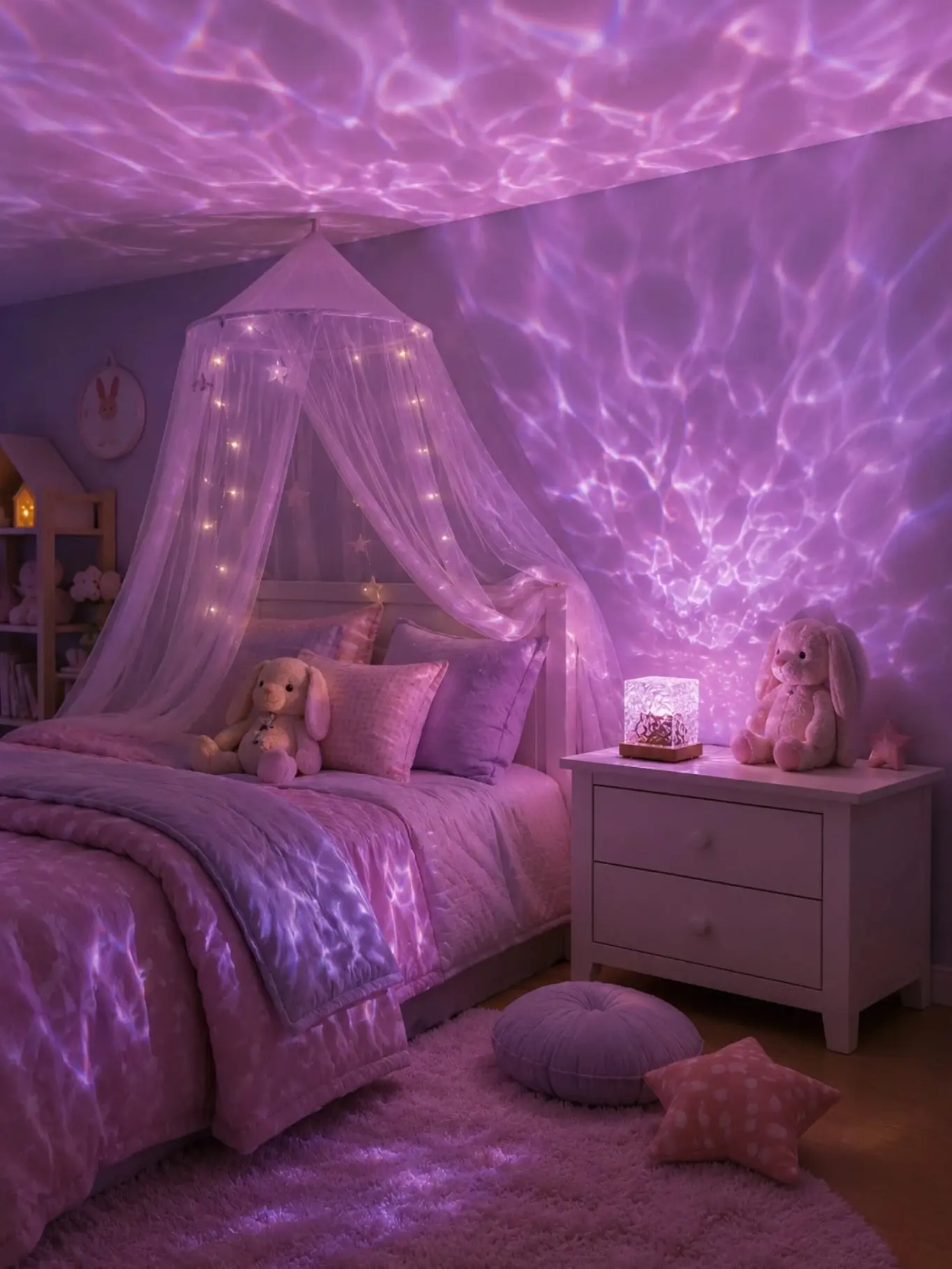 Dreamy fairy crystal ripple LED projector lamp, USB powered with remote, 16 soft pastel RGB shades. Sparkling ripples make sweet magical spaces for girls’ rooms. Cute crystal mood light, lovely gift for girlfriends and romantic dates