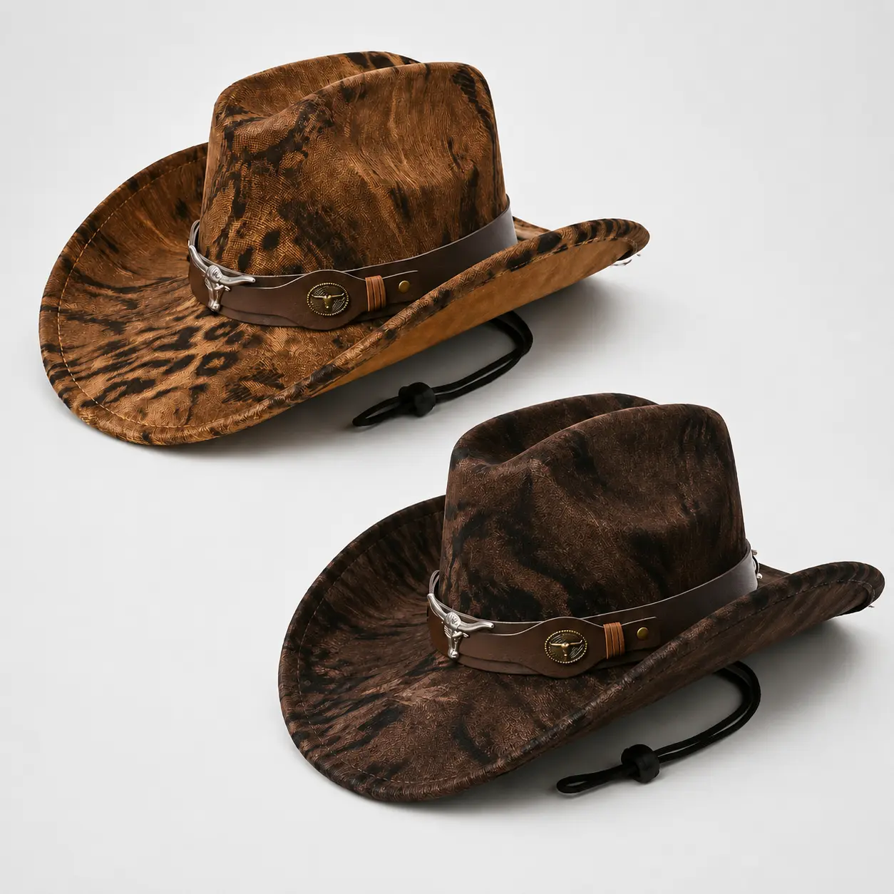 Unisex Retro Leopard Print Wide Brim Suede Cowboy Hat with Bull Head Band Decor, One Size Fit Western Hat for Outdoor Events