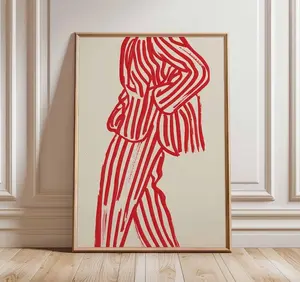 Fashion Line Art Poster – Bold Red Striped Suit Abstract Wall Print, Modern Minimalist Illustration Style Artwork for Living Room or Studio