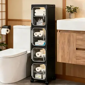 4-Tier Tall Narrow Storage Cabinet, Slim Bathroom Storage Cabinet with Adjustable Shelves and Wheels, Narrow Organizer for Small Space, Bathroom, Kitchen, Laundry, White