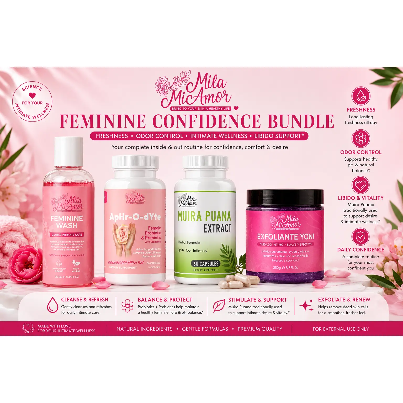 TT Exclusive Feminine Confidence Bundle – Feminine Wash, Female Probiotic & Prebiotic with Cranberry, Muira Puama Extract & Yoni Exfoliating Scrub – Supports Freshness, Feminine Flora, Intimate Wellness & Desire