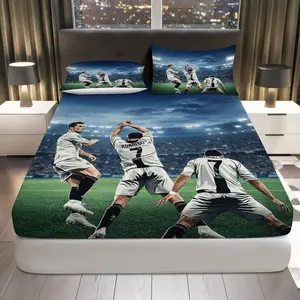 3Pcs Football Stadium Celebration Fitted Sheet Three Piece Set (1*Fitted Sheet+2*Pillowcases, Coreless), Sports theme, Soccer Game Bedding Set, Mattress protector Soft, Breathable Sheets