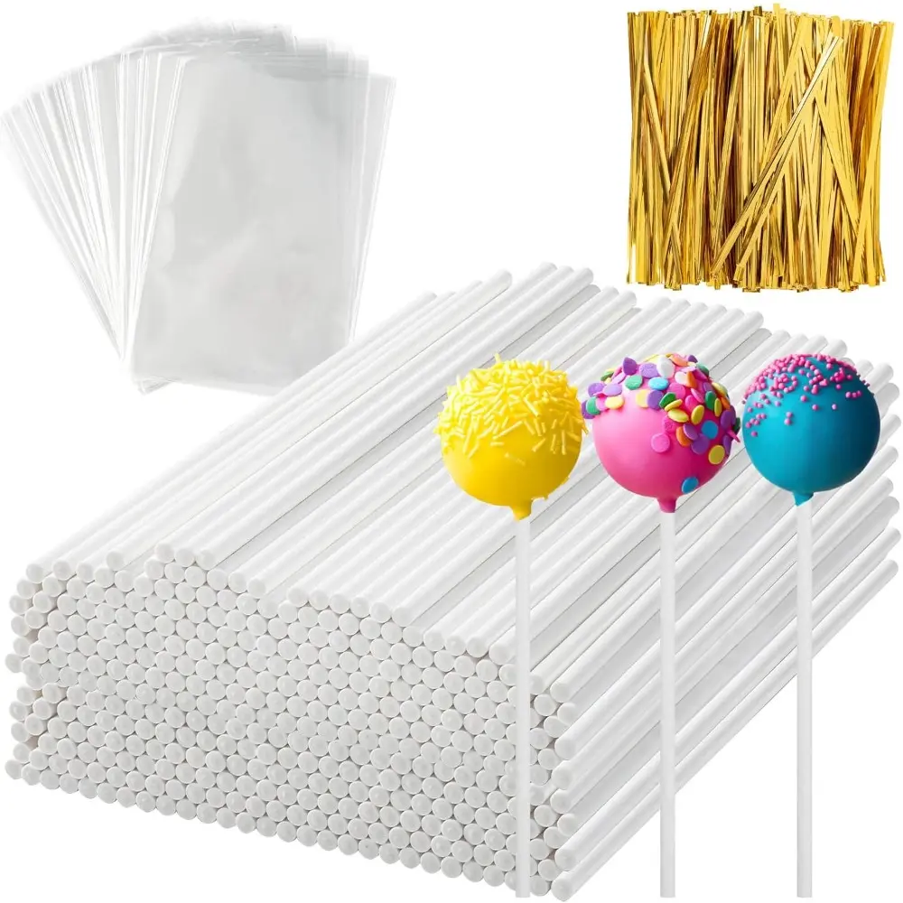 600 Pcs Lollipop Sticks, 6 In Cake Pop Sticks with Clear Treat Bags & Gold Twist Ties-Tools for Making Cake Pops, Lollipops, Candies, Chocolates & Cookies