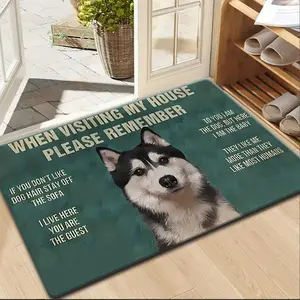 1PC Flannel Entrance Door Mat, Husky Dog Fun House Rule Design, Pet Owner Personalized Home Decor Rugs, Non-Slip, Absorbent
