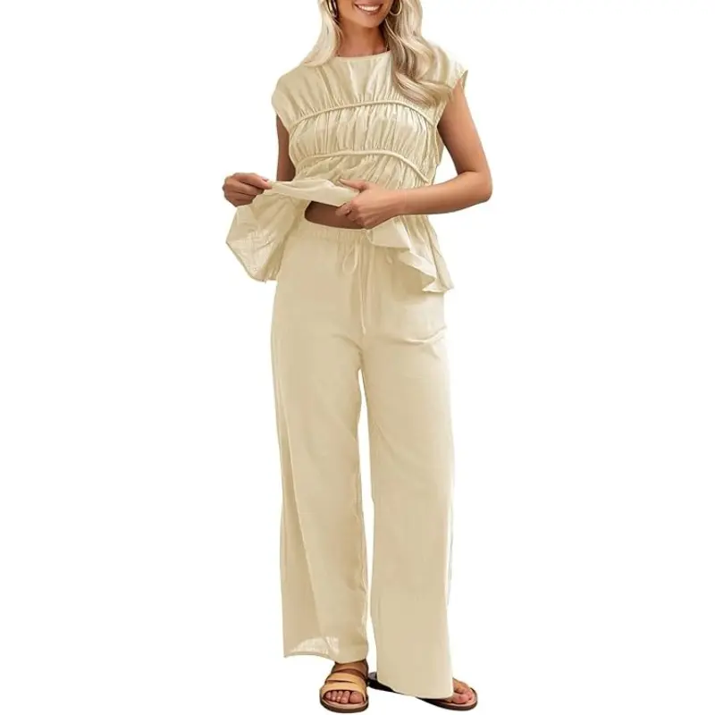 TANKANEO Women's 2-Piece Linen-Cotton Fashion Apparel s Set - Soft Boat Neck Cap Sleeved Ruched Babydoll Peplum Tank Top, Wide Leg Pants for Beach Vacation