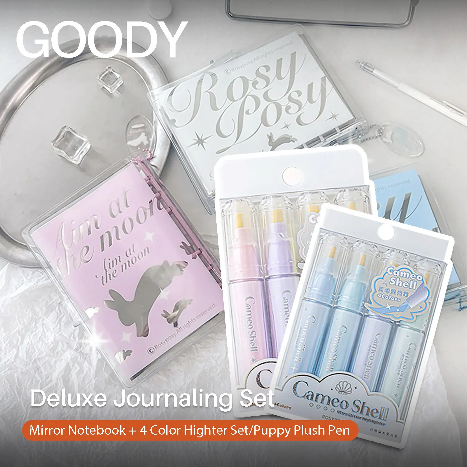 Ultimate Notebook Journaling Set with Color Glitter Highlighter Marker Pens, Akoasm Mirror&Korean Style Spiral Notebook with Double Mirror and Six-Hole Loose-Leaf, Blue Melody or Pink Rabbit Personal Book Bullet Journal & Ballpoint Pen for Office