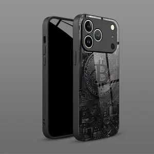 Dark-tech Bitcoin circuit pattern tempered glass phone case for iPhone 17 16 15 14 13 12 11 pro max, stylish protective case, high-end luxury black glass case, unisex phone case