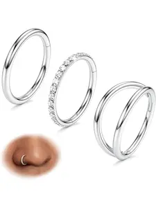 Classic 3 Pcs Silvery Simple Nose Rings Hoops Nostril Hoop Rings 316L Stainless Steel Double Hoop Nose Rings for Women Men Hinged CZ Piercing Jewelry Septum Clicker Rings Cartilage Earring Helix Rook Tragus Daith Jewelry Set