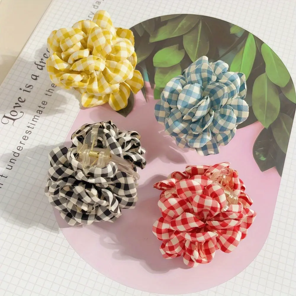 Large Flower Hair Claw Clip for Women, Cute Boho Gingham Fabric Accessory with Secure Hold for Daily and Evening Styles, Beach Weddings, Everyday, Female, Engagement, Memorial Day, Ceremony, Anniversary, Plastic, Casual, Auspicious, Birthday, Boho Flower,