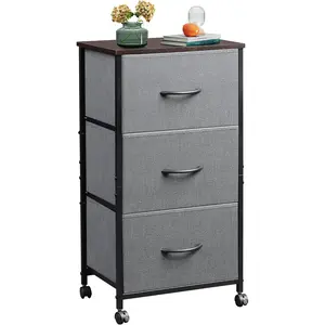 Dresser with 3 Drawers, Fabric Nightstand, Cabinet with Wheels, Organizer Storage Dresser for Bedroom, Office, Closets, Sturdy Steel Frame, Easy Pull Handle, Dark Grey