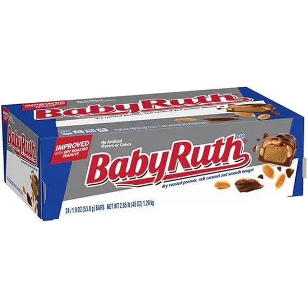 Baby Ruth Candy Bar 24 ct. - Crunchy and Chewy Bar with Chocolate Coating with Caramel and Peanuts - 24 Count Box Snack Bonbon Milk Sugar