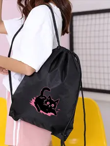 Cat Pattern Drawstring Backpack, Waterproof Cinch Pocket, Cute Design, Lightweight Fitness Bag, Suitable for School Sports Travel