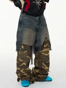 SRETOUU Men's Vintage Camo Layered Distressed Baggy Jeans Fashion Streetwear Men StraightCamo Cargo Denim Pants