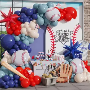 Baseball Balloon Arch Kit 141PCS Red, White, Blue with 3D Baseball Bat & Star Balloons for Parties