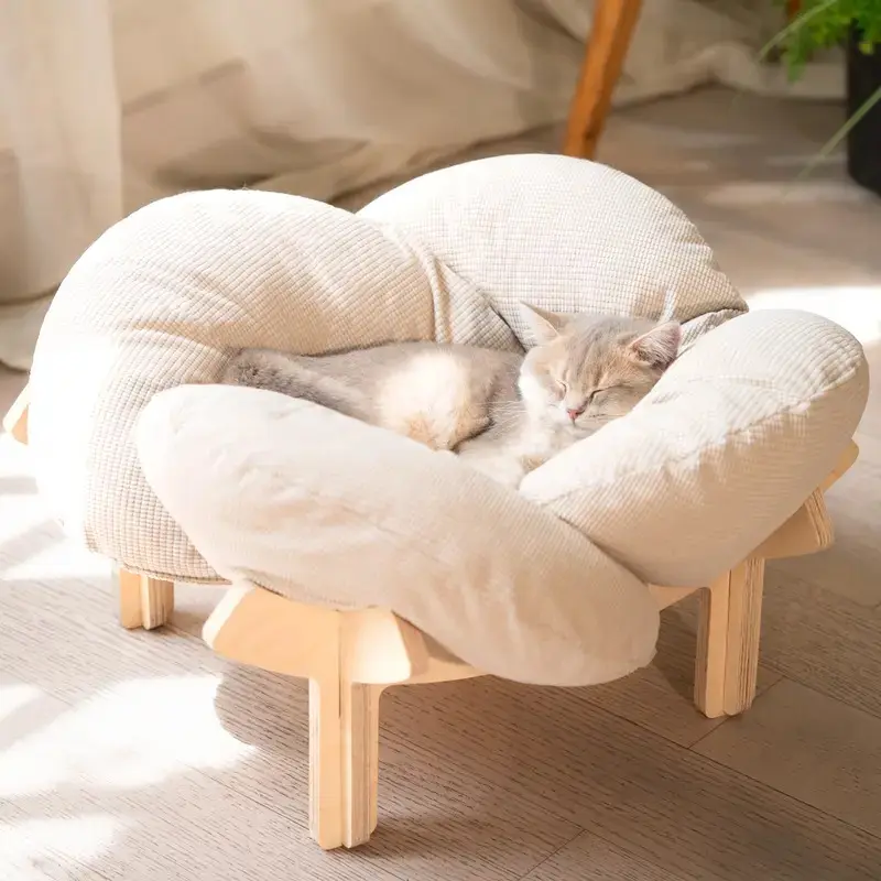 Elevated Flower Cat Bed，Wooden with Cushion， Fluffy Pet Couch Sofa for Indoor Cats and Dogs， Raised Kitty Lounge Chair， Suitable for Puppy, Cat Furniture(Large) #DealsForYouDays