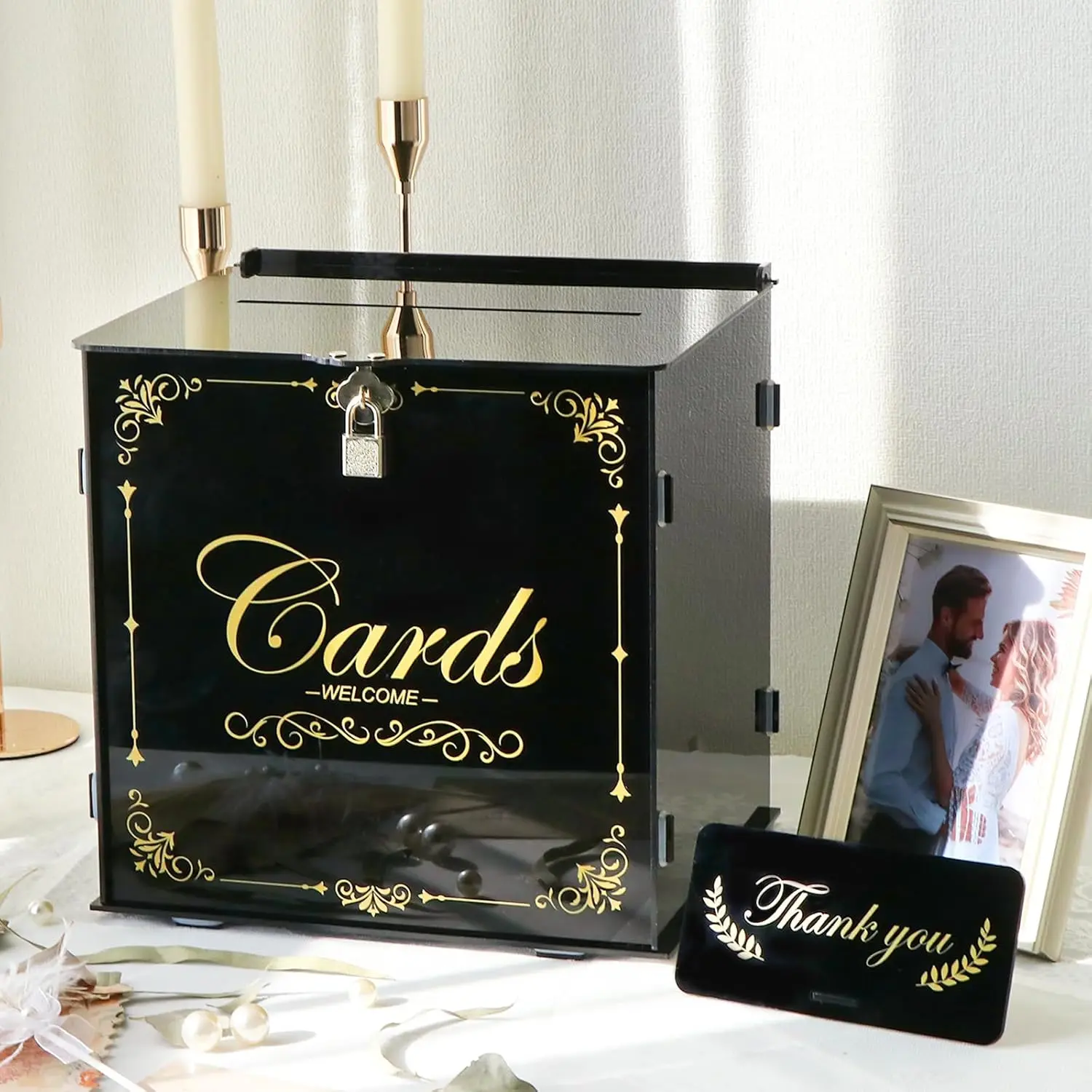Acrylic Wedding Card Box with Lock, Black Gift Card Box for Wedding Reception & More