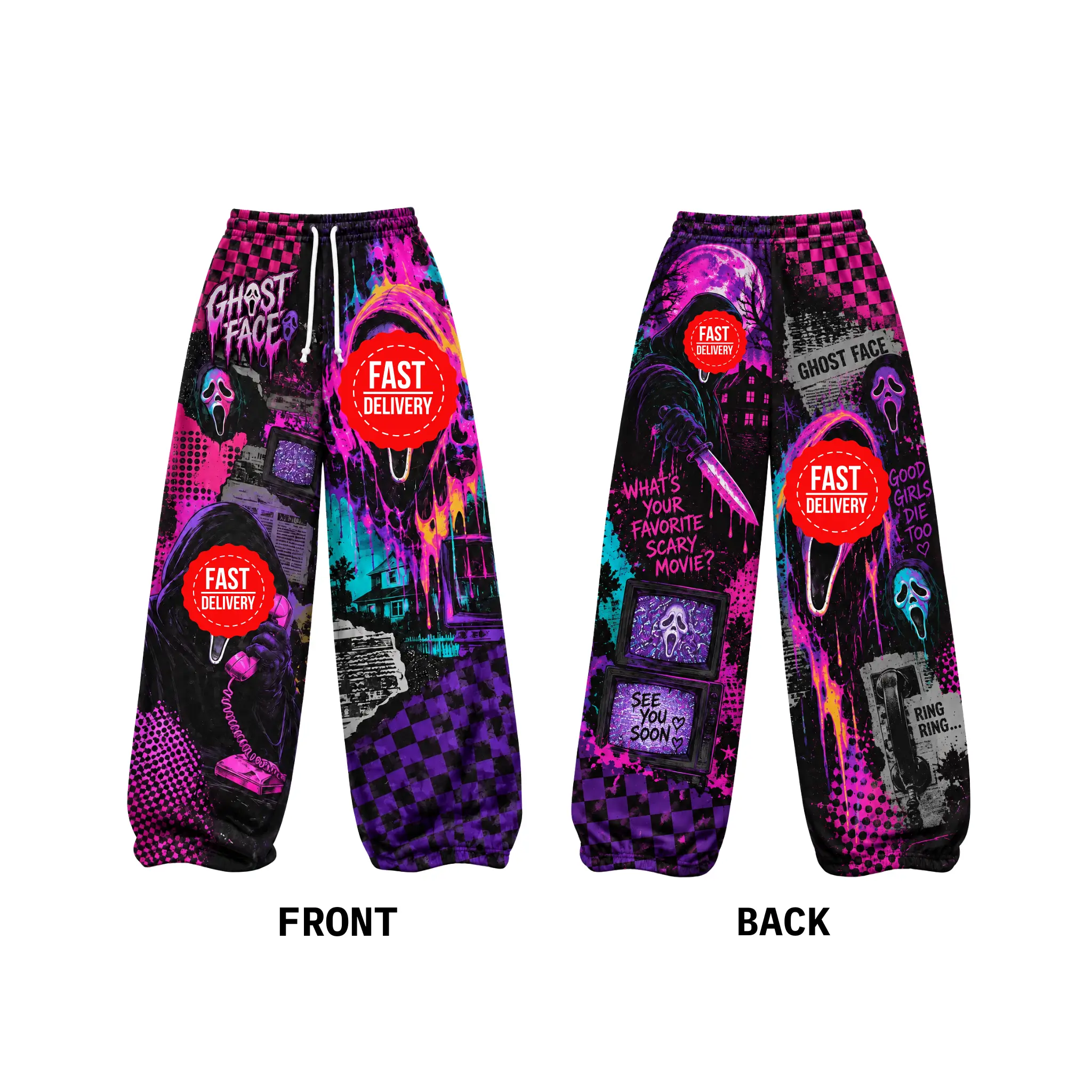 Ghost Face Loose Sweatpants, Horror Graphic Wide Leg Pants, Checkerboard Streetwear Trousers, Unisex Casual Lounge Wear