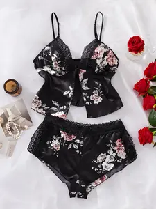 Women's Floral Print Contrast Lace Spaghetti Strap Cami Top & Bow Decor Shorts Pyjama Set, Adjustable Camisole & Shorts PJ Set, Comfy Loungewear Set for Women Nightwear